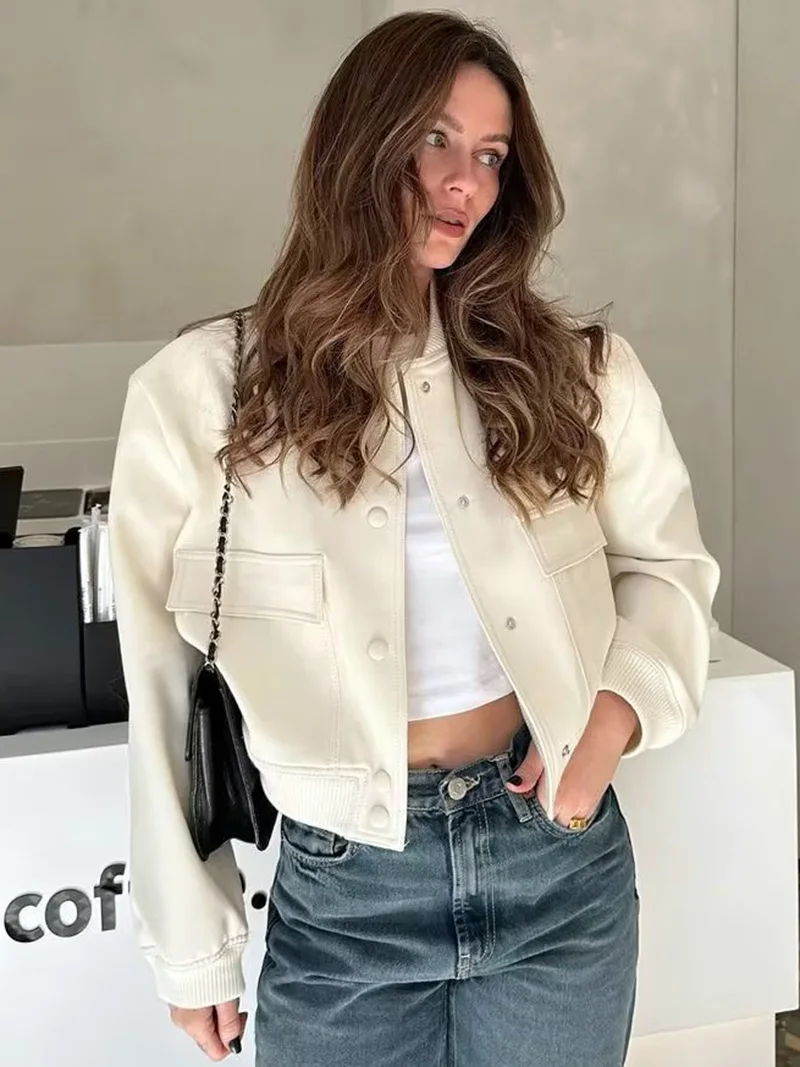 

TRAF 2023 Women Bomber Jacket Fashion Spring Jackets with Pockets Vintage Female Long Sleeve Casual Coat New In Outerwear Tops