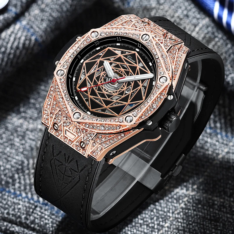 2022 Luxury Ice Out Watch Men Diamond Watches Leather Band Automatic Mechanical Wristwatches Male Clock Relogio Masculino