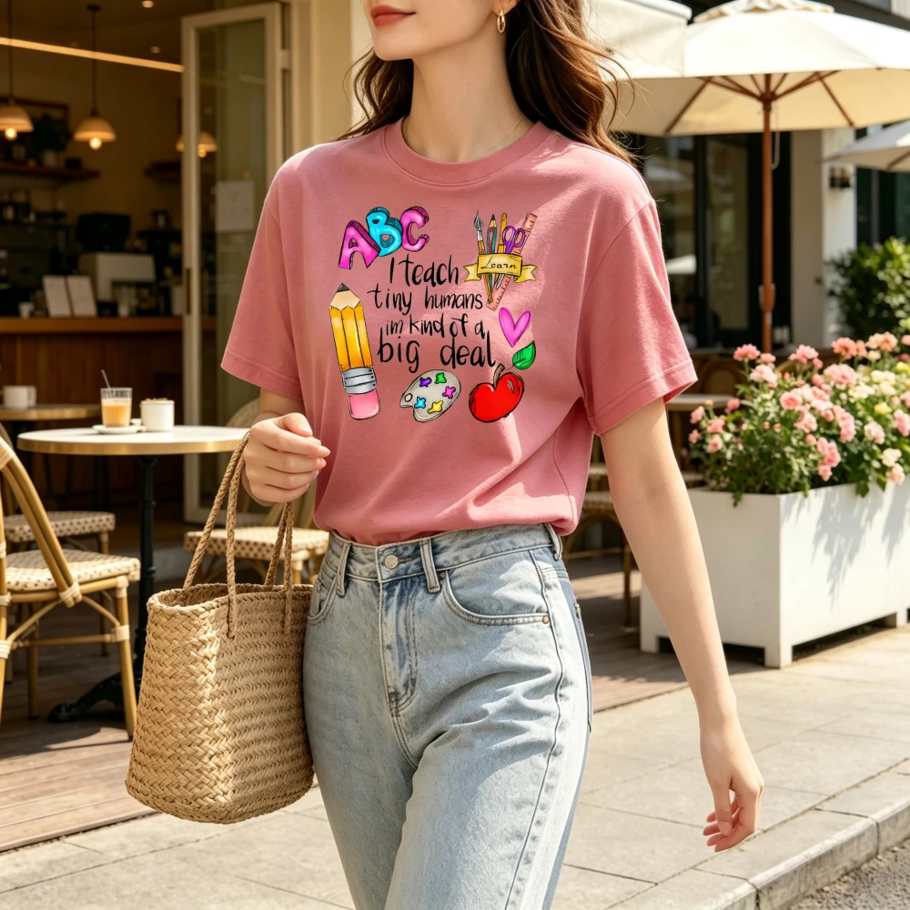 Women Crew Neck Short Sleeve T‑Shirt Colorful Folk Style Cartoon Fish Heart Graphic Print Casual Loose Summer Tees Ocean Theme