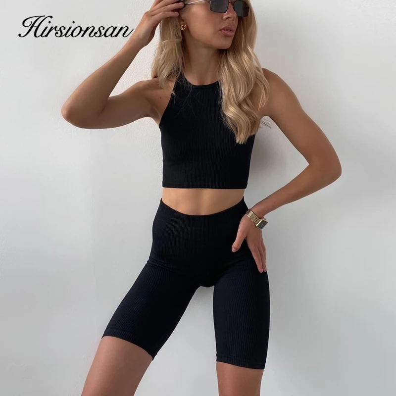 Hirsionsan Neue Sommer Sexy Dünne Gestrickte Sets Frauen Casual Baumwolle Solide Anzug Ärmellose Weste und Hosen Zwei Stück Weibliche Trainingsanzug