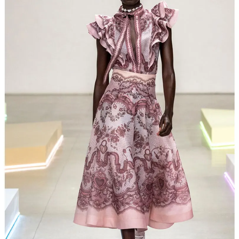 

Retro Court Sle Printed Gown with Sa A-Line Dr Ele Middlerise Flounce Sve Midi Dr Two-Piece Set Polyester Fiber