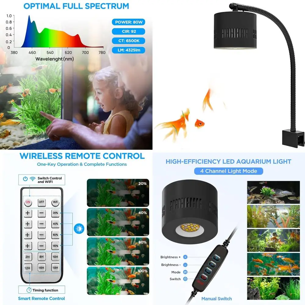 

Регулируемый светодиодный светильник для аквариума 80 Вт - полный спектр для аквариумов с растениями и пресной водой, крепление на клипсе для кубических аквариумов объемом 10-20 галлонов