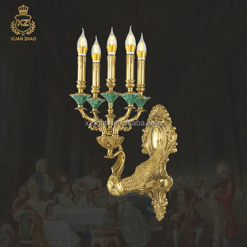 French Design Indoor Luxury Decoration Lighting Brass Malachite Frame Brass Bedroom 5 Heads Wall Lamp
