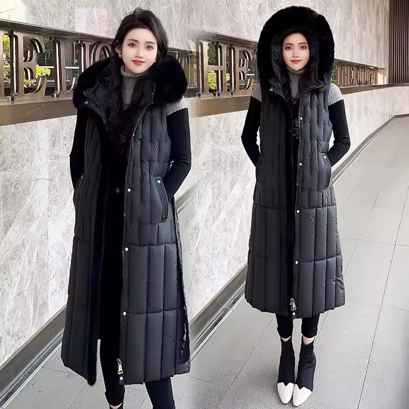 الشتاء رشاقته طويلة أسفل القطن سترة المرأة ملابس خارجية موضة جديدة تقليد الصوف طوق حزام أكمام مقنعين صدرية الإناث #3
