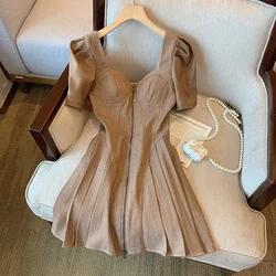 Brown Vintage Dress Zipper Dress Summer 2024 Chocolate Camisole Sexy Skinny Elegant Chic Female  A-line Casual Lady Dress