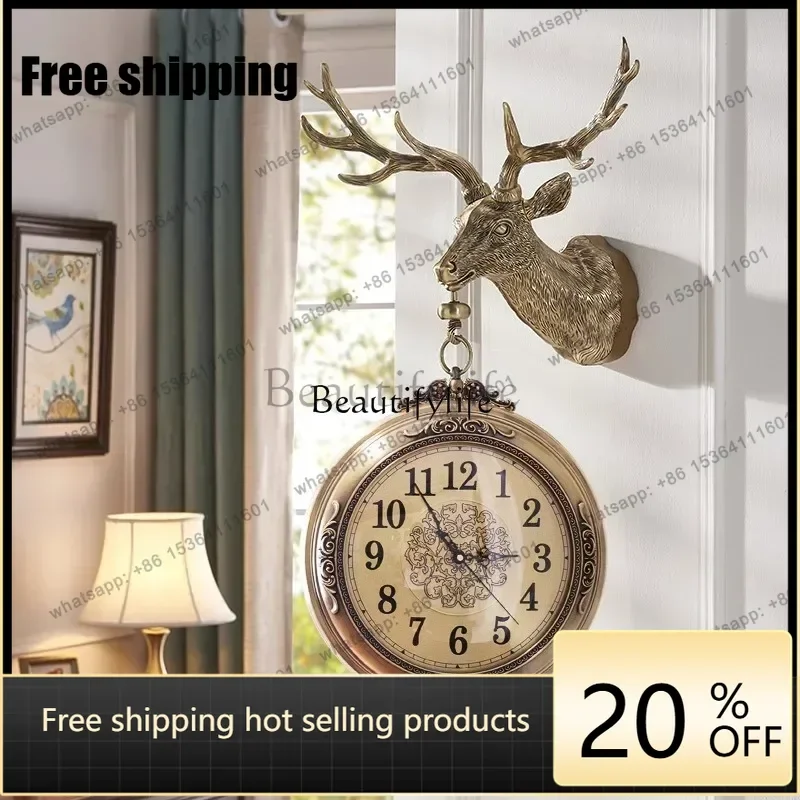 Factory Direct GEuropean silent double-sided wall clock bronze lucky deer head wall clock living room