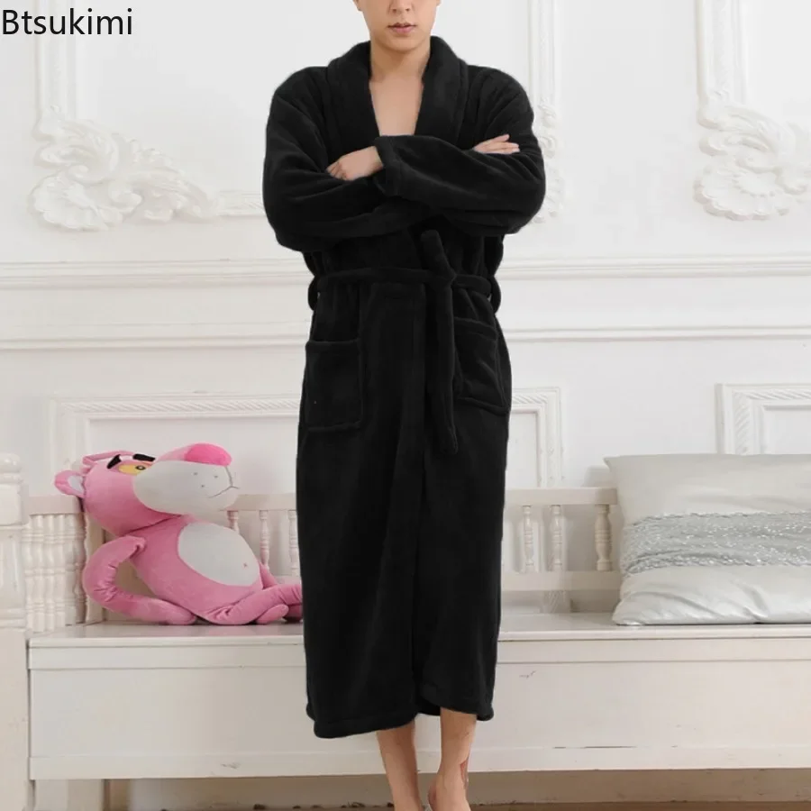 2024 Autumn Winter Couple Flannel Robes Sleepwear Thickened Coral Fleece Warm Nightdress Nightwear Loose Home Dress Lounge Wear