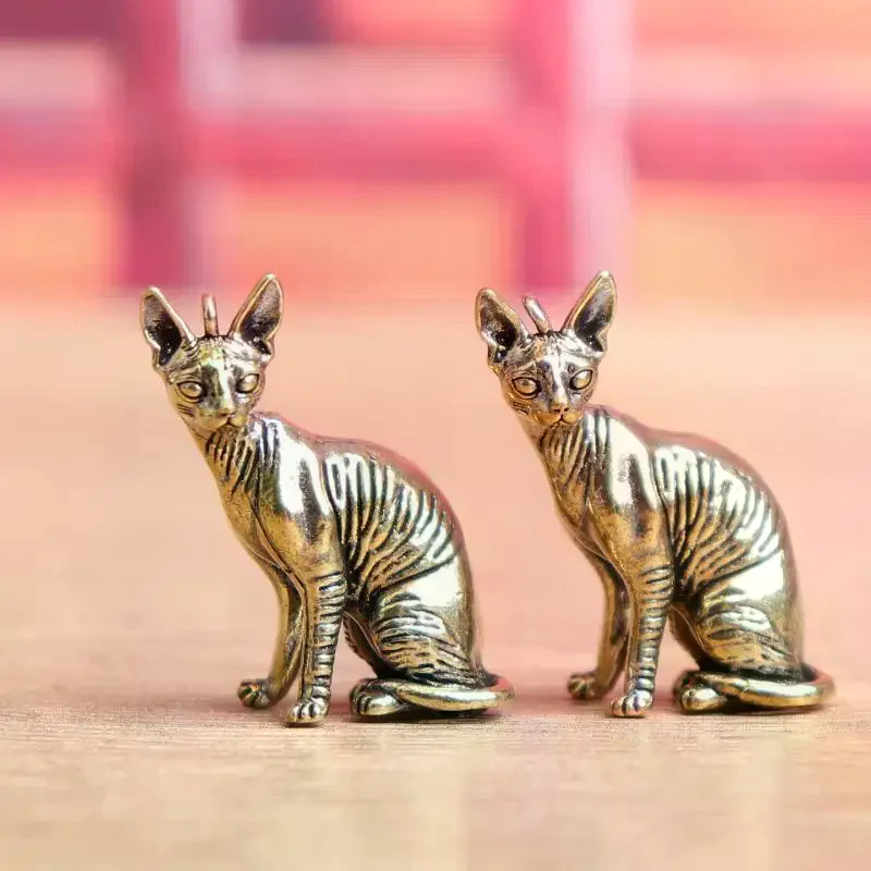 Solid Brass Hairless Cat Small Statue Desktop Ornaments Vintage Animal Figurines Model Lucky Home Decorations Crafts Accessories