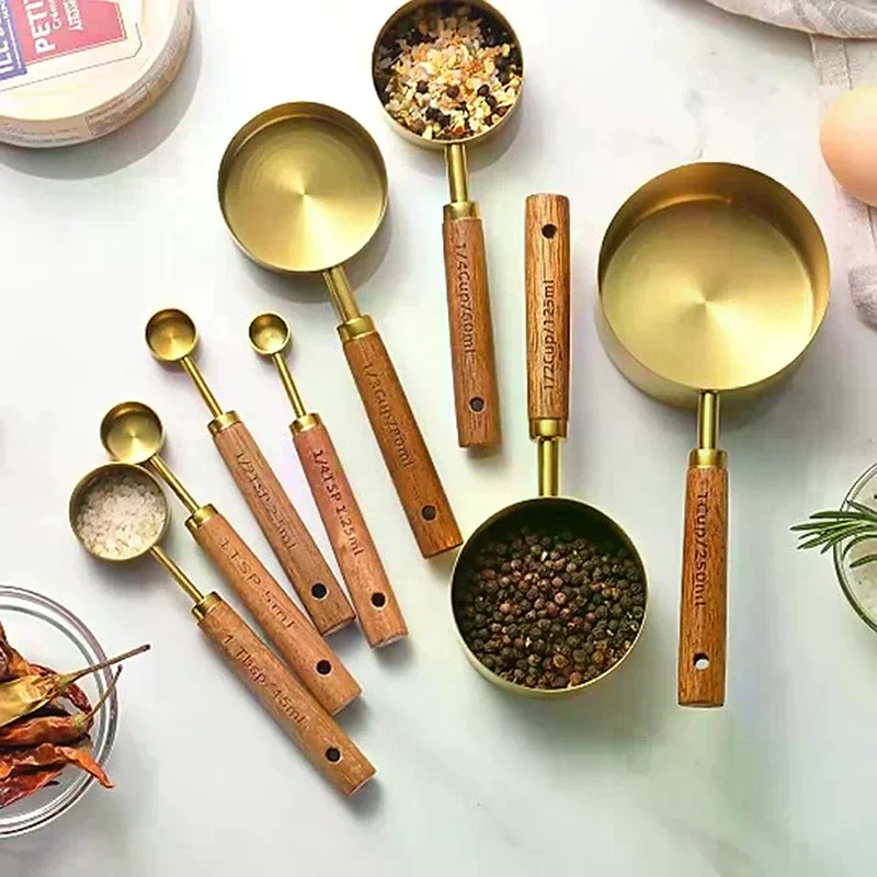 Coffee Measuring Spoon Set Bartending Scale Accessories Gold Wooden Handle Stainless Steel Measuring Cups Spoons Baking Tools