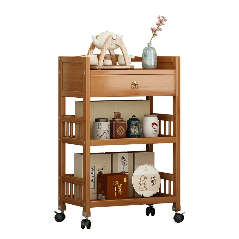 

Vintage Solid Wood Coffee Table Multifunctional Bedside Table Mobile Pulley Home Furniture Multi-layer Drawer Side Table