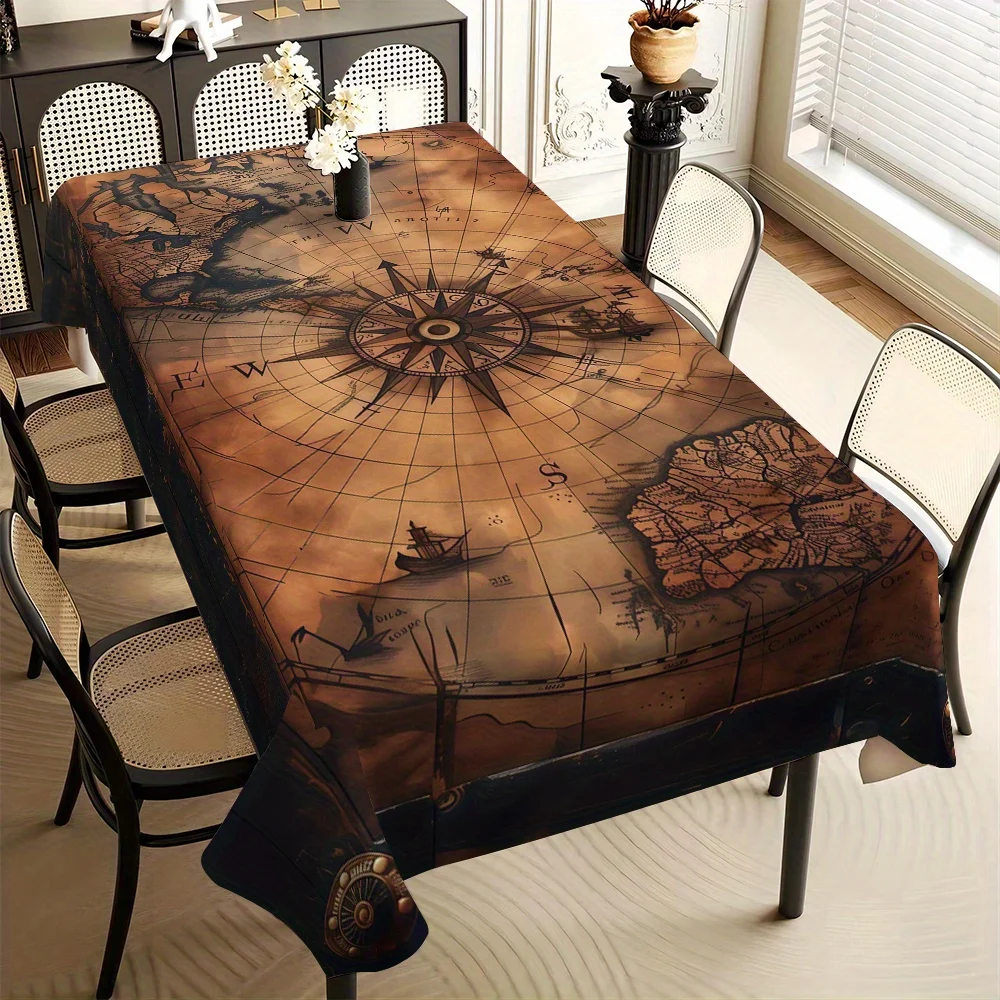Ancient Brown Navigational Compass Pattern Tablecloth for Home Decor with Printed Design for Dining Table