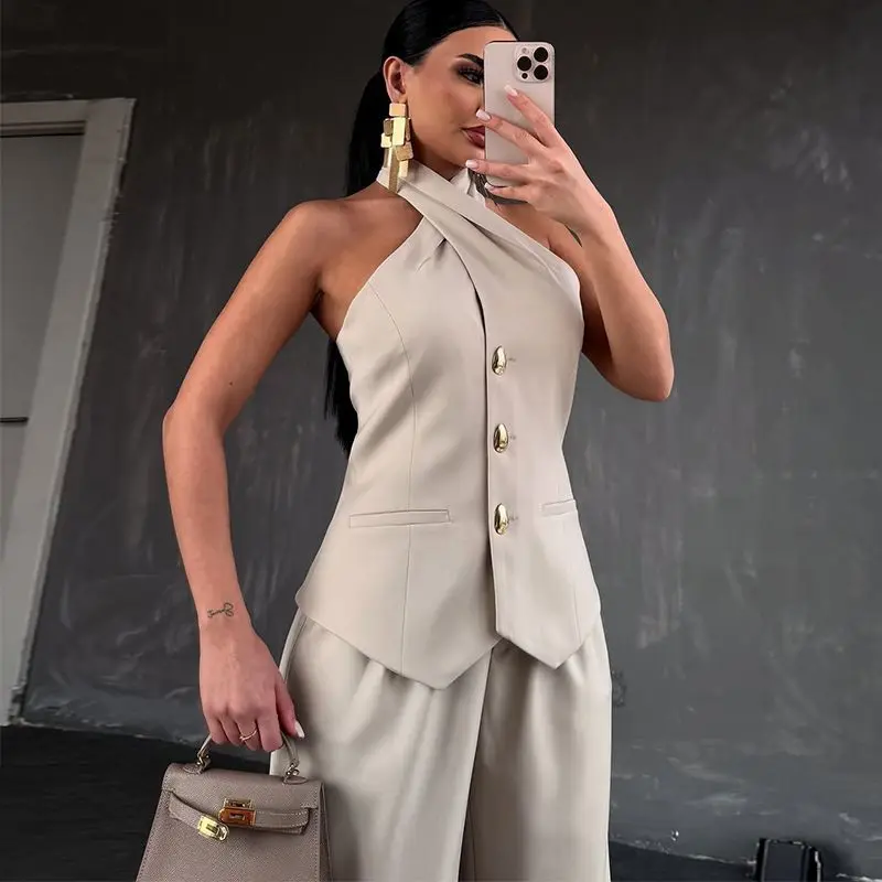 

European and American Women's Clothing 2025 Summer New Fashionable Hanging Neck Sleeveless Vest Top High Waist Pants Casual Set