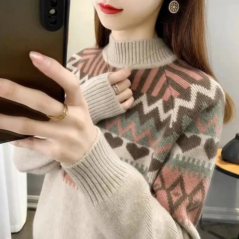 Half high neck Ethnic style Loose Sweater Women's 2026 Winter item Jacquard Inner layer Winter Thick Knit Bottoming Shirt WJ721