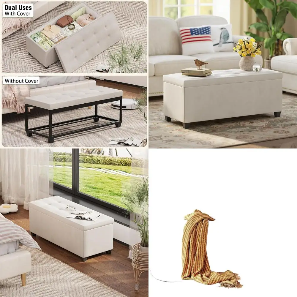 

White Storage Ottoman Bench with Legs, Holds 660 lbs, for Living Room, Bedroom, Entryway