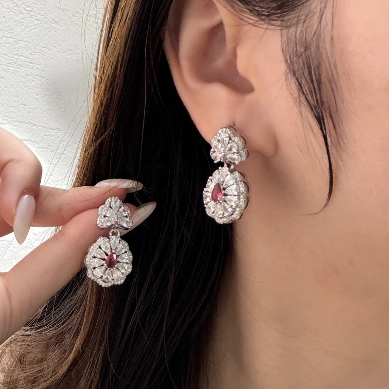 Classic high-end diamonds inlay red flower earrings for women sparkling exquisite water droplet earring jewelry gift for wedding