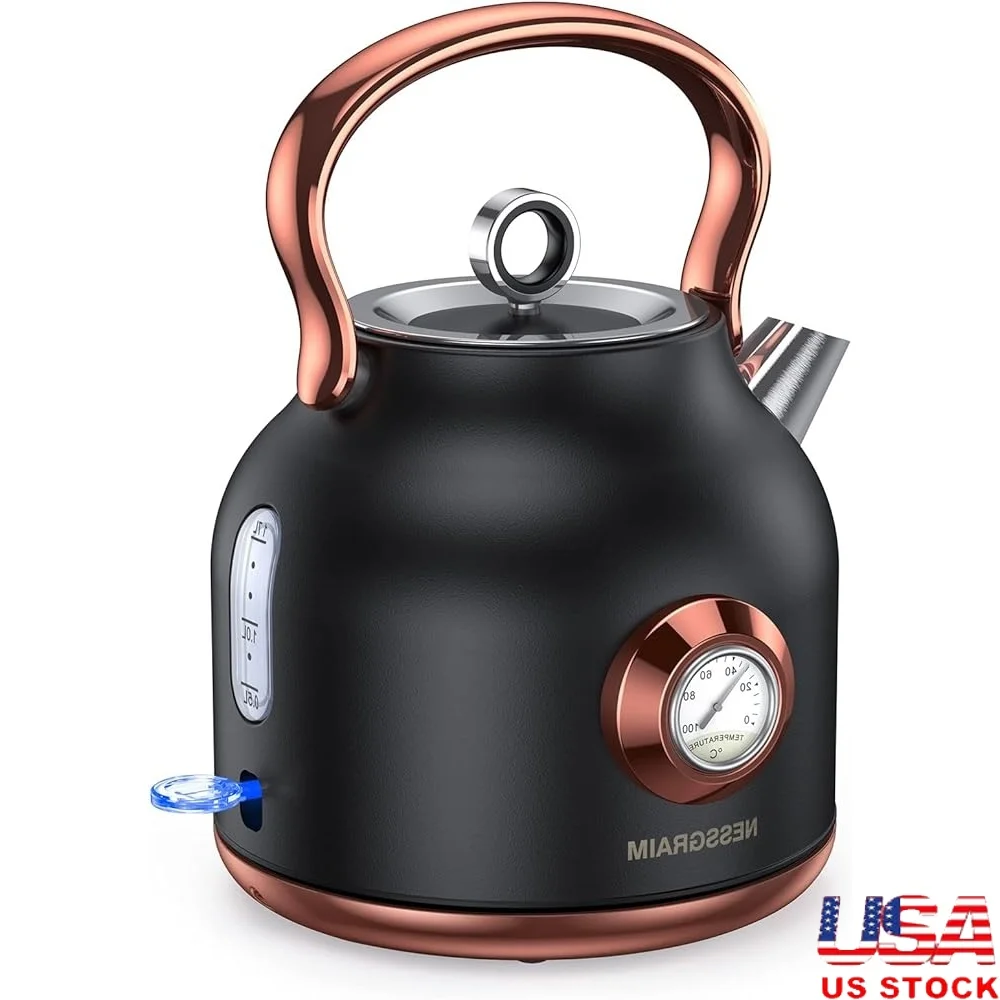 

Retro Electric Tea Kettle 1.7L Stainless Steel Fast Boil 1500W Auto Shut-Off Temperature Gauge Cordless Hot Water Boiler
