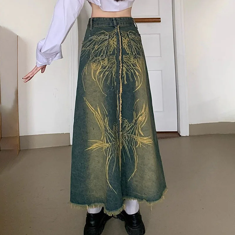 American Vintage Denim Maxi Skirts Y2k Gothic Hign Waist Embroidered Aesthetic A-line Slim Long Skirt for Women Harajuku Clothes