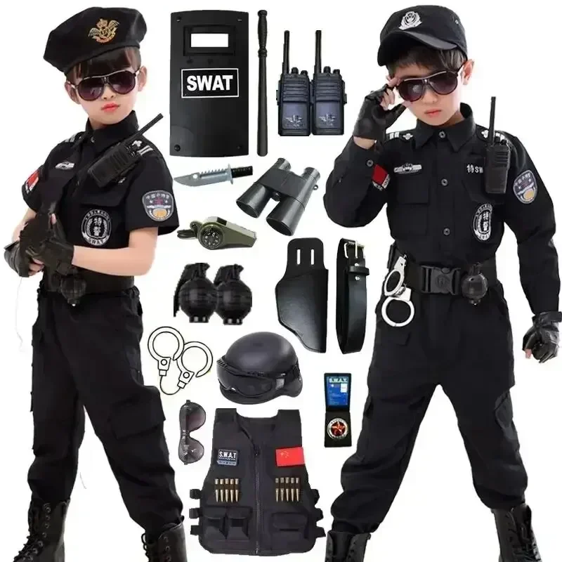 New Kids Uniform Police Costumes Cosplay Kids Police Top Pants Hat Dress Boys Girls Police Clothes Halloween Christmas Gift