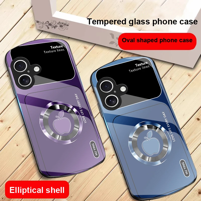 أيقونة أبل على شكل دائرة فضية لهاتف آيفون 17 16 15 14 13 Plus 12 mini 11 Pro Max XR Xs Max X 7 8 6S 22 20 حافظة هاتف زجاجية بيضاوية الشكل