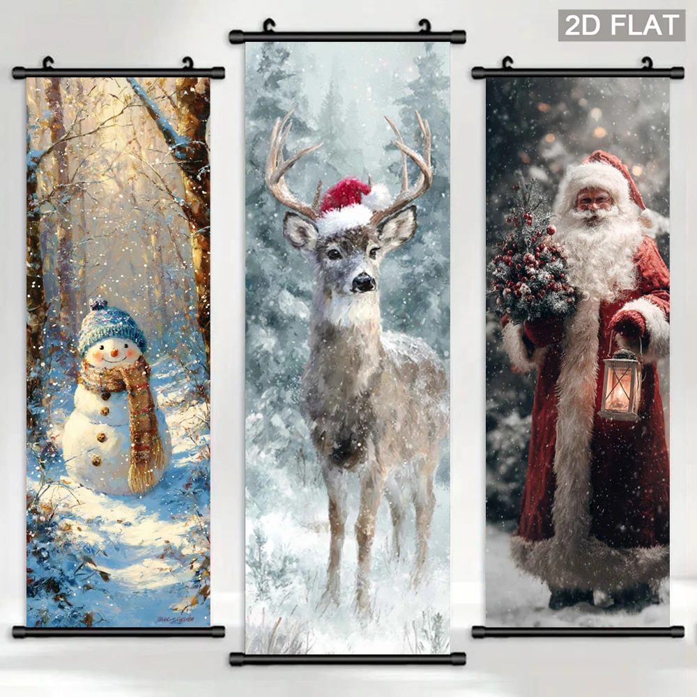 VIKAMA Vintage Christmas Winter Scroll Tapestry, Snowman, Reindeer, and Santa Claus Wall Decor, Christmas Home Decor