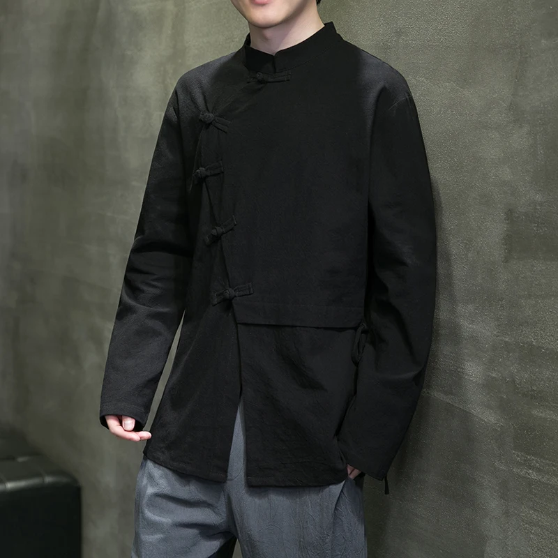 M-5XL Plus Size Men Linen Shirt Side Knot Button Down Long Sleeve Cotton Beach Band Collar Casual Spring Autumn Streetwear Shirt