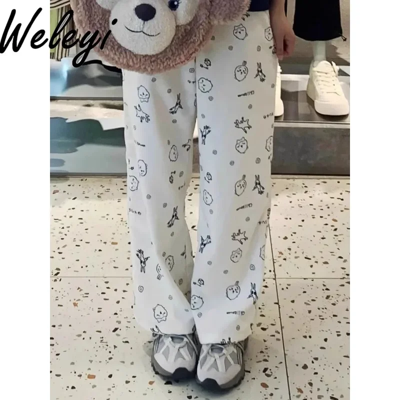 Japanese Sweet Graffiti Printed Straight Pants Student Female 2024 Summer Autumn Cute Loose Casual Simple Thin Trousers Women