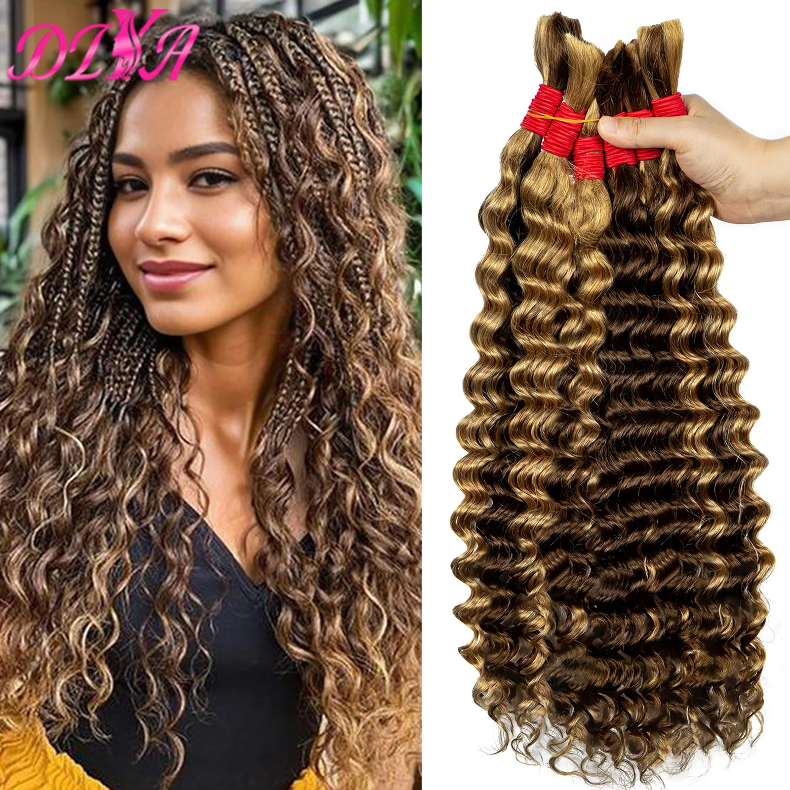 Extensiones de cabello humano virgen sin procesar, extensiones de cabello humano ondulado profundo P4/27, a granel, sin trama, para trenzas bohemias, 100%