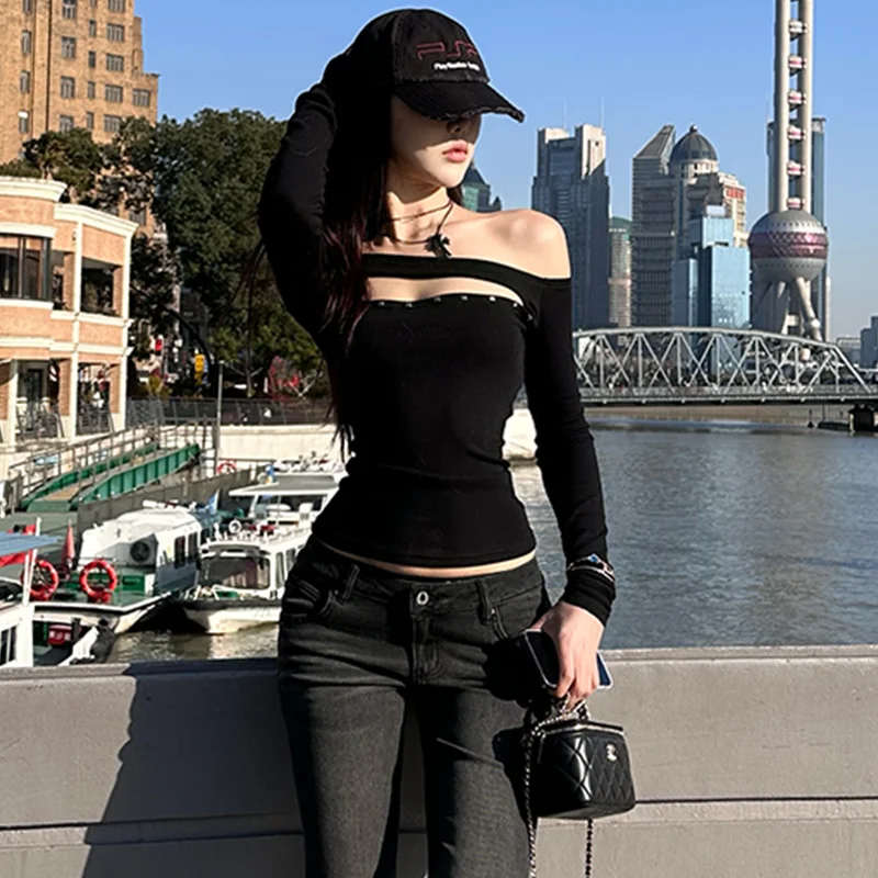 

Женская тонкая универсальная дизайнерская нижняя рубашка, топ, весна-осень, новый стиль Pure Desire, короткая футболка с длинными рукавами Spice Girl