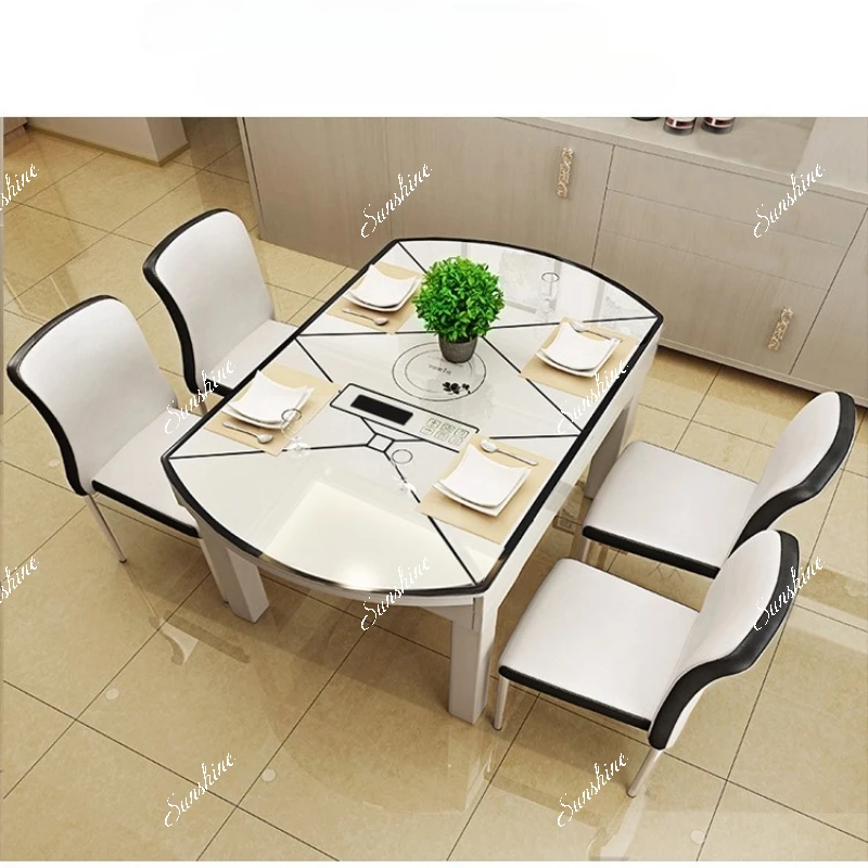 

Dining table and chair combination Modern minimalist, retractable solid wood, round, folding tempered glass