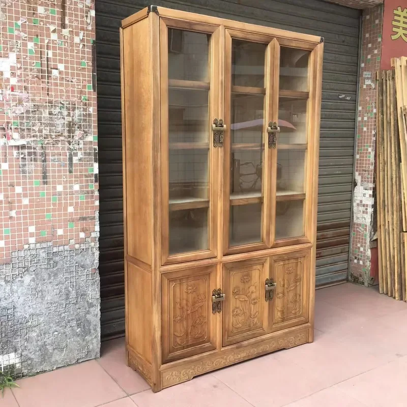 Camphor Wood Bookcase Solid Wood Carved Flower Glass Cabinet Three Door Office Data Storage Chinese Antique Style Bookshelf