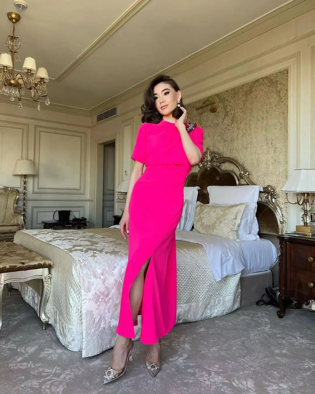 

2023 New Style Prom Dresses Beads Sequins Front Slit Ankle-Length Short Sleeves Saudi Arabia Elegant Party Dresses For Women