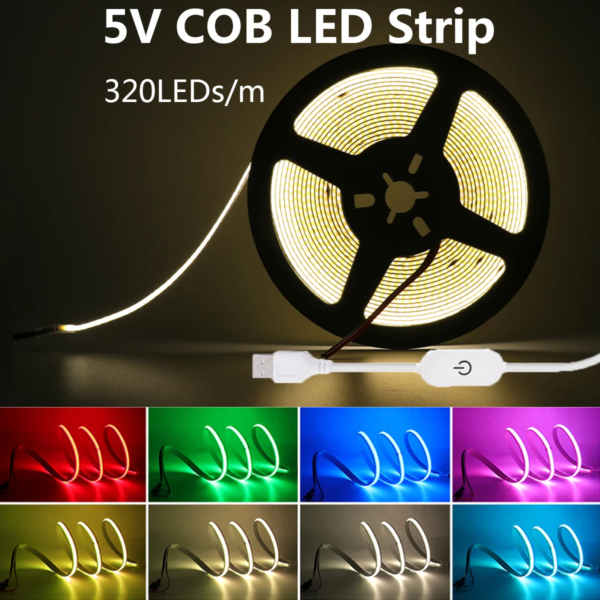 Touch Dimmer COB LED Light Strip USB 5V 320LEDs Warm Natural White Flexible Adhesive Tape Linear Indoor Lighting Lamp Room Decor