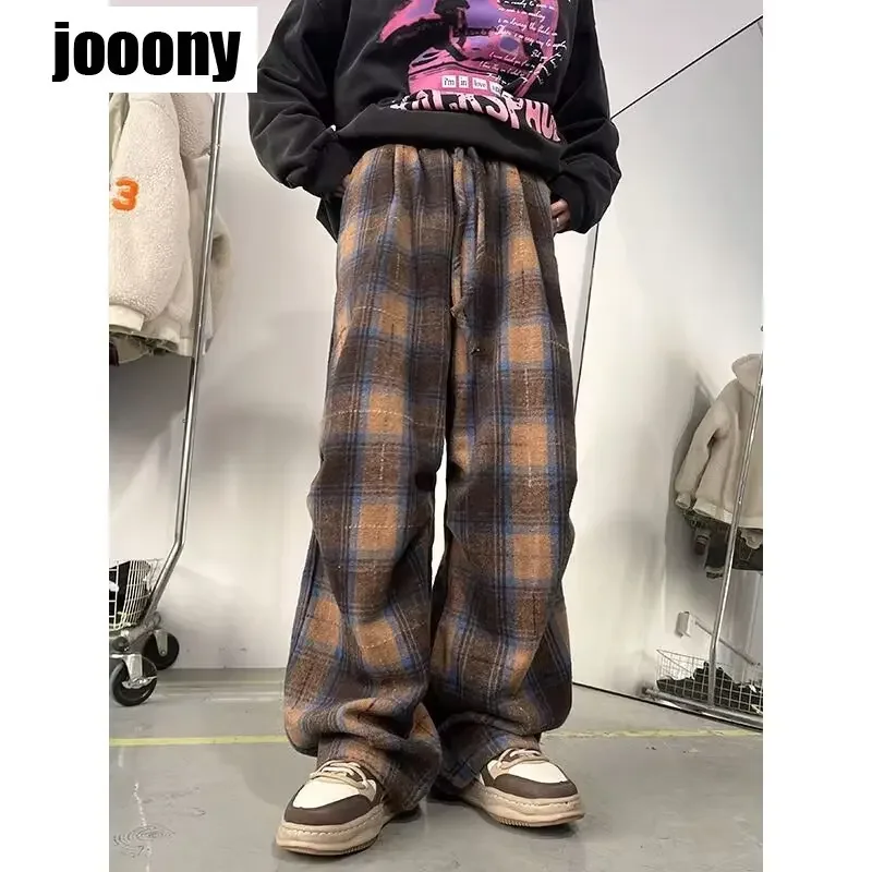 

Men's Warm Baggy Wide Leg Pants Drawstring Streetwear Trousers Japanese Korean Clothes Vintage Plaid Pants Autumn Winter