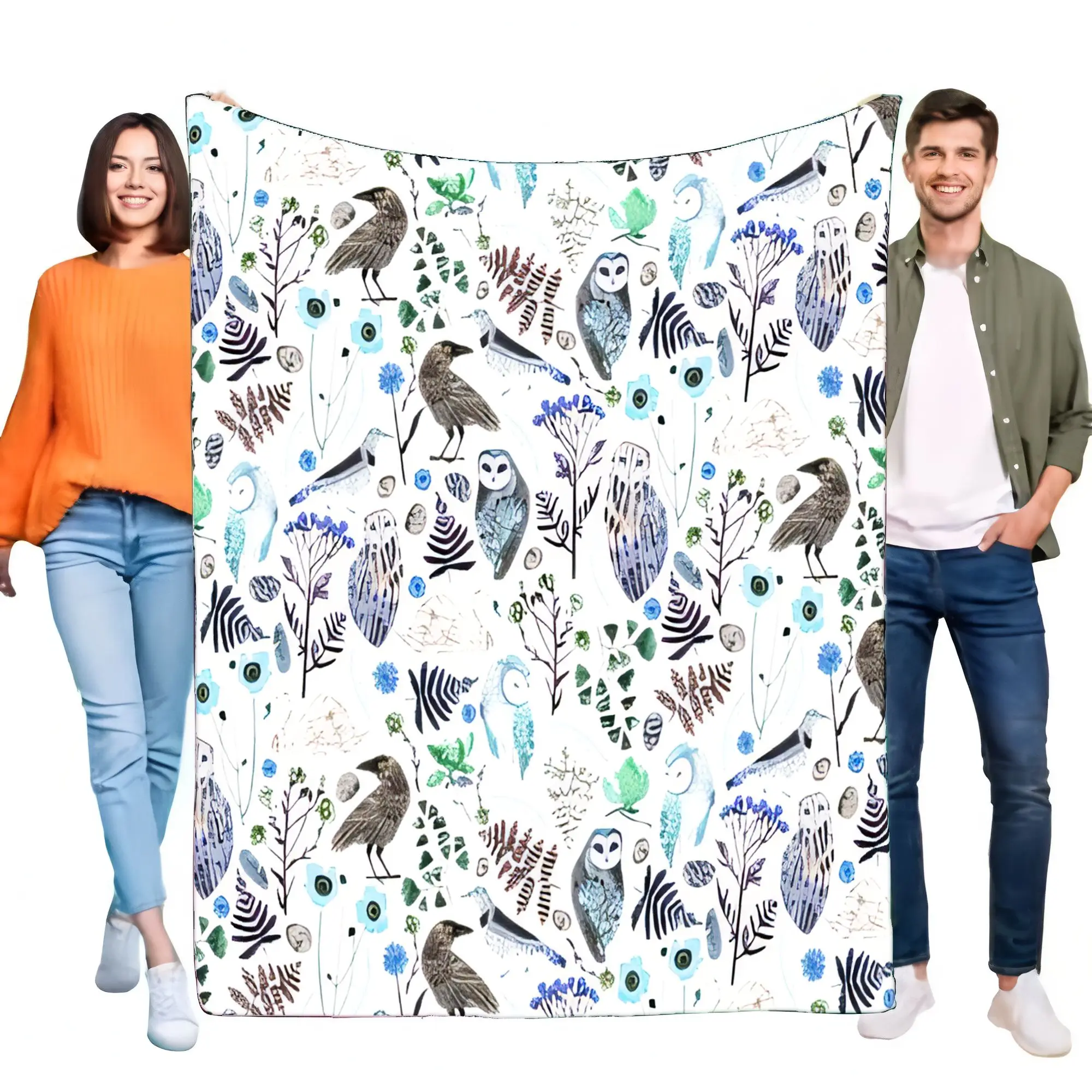 Watercolor Forest Owl Raven Bird Blanket Ultra-Soft Flannel Throw Bed Sofa Couch Warm Cozy Lightweight Artistic Home Decor Gift