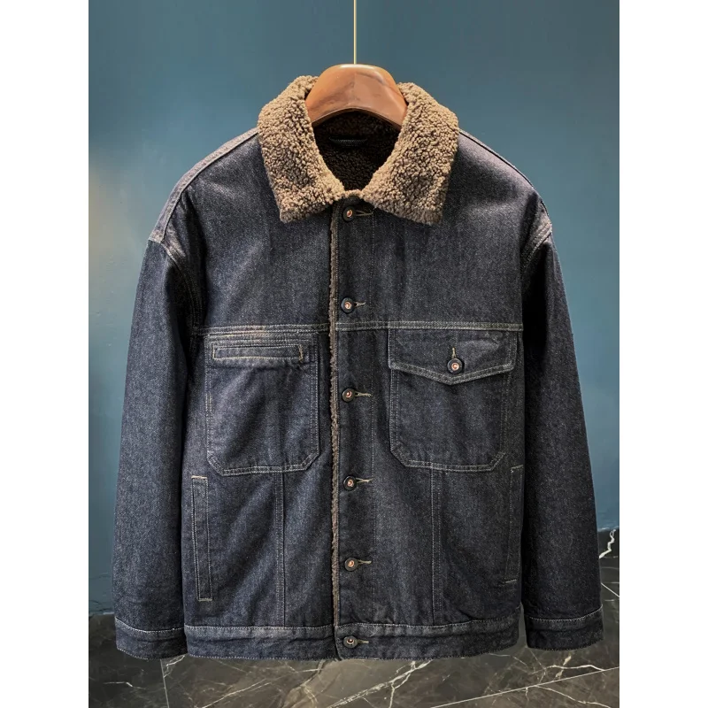 

Мужская джинсовая куртка с большим свободным меховым воротником, трендовая новинка зимы 2026 года с добавлением флиса и толстой теплой джинсовой курткой