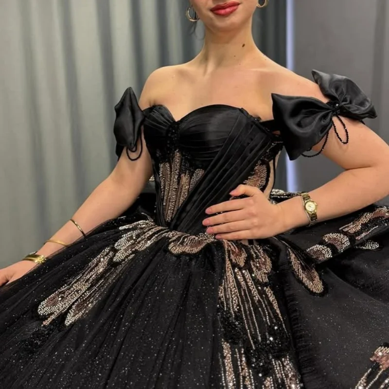 

Shiny Black Quinceanera Dresses off-shoulder Glitter Flower Crystal Decal Long tail Bow layering Vestido 15 Quinceanera Customiz