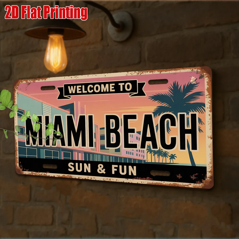 2D Flat, 2D Flat Printing, 1pc, Vintage Metal Sign, for Decorationg Only, Outdoor Wall Art (29.97cm * 14.99cm), MIAMI BEACH Alum