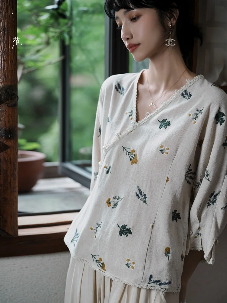 

Новая версия Young Sle: Женская летняя модная блузка-топ в стиле Тан с вышивкой Цзяннань Ханьфу и V-образным вырезом