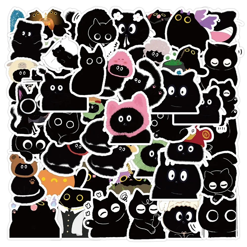10/30/60pcs Ins Style Cute Black Cat Cartoon Stickers Kawaii Animal Kitten Sticker Notebook Guitar Suitcase Laptop Decals Toys