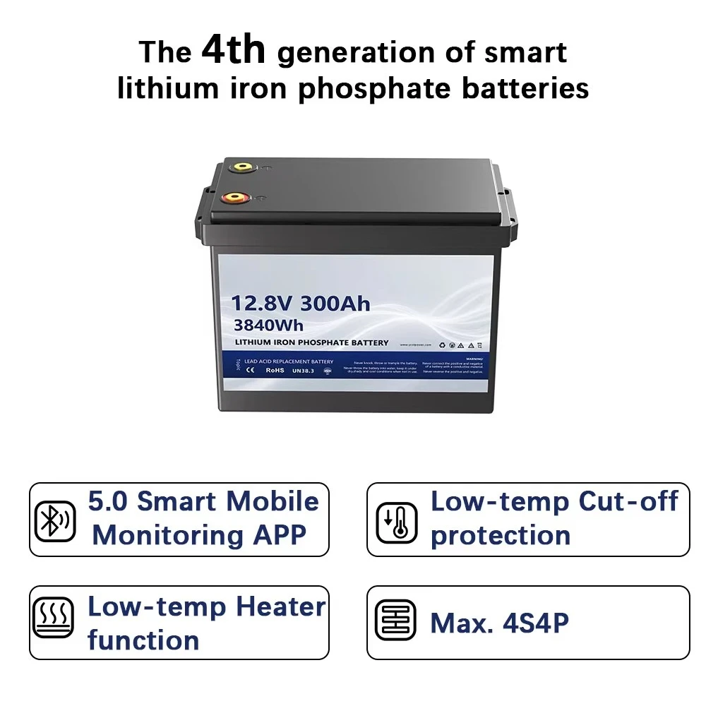 حزمة بطارية LiFePO4 RV كبيرة 12 فولت 300 أمبير في الساعة 3.8 كيلووات في الساعة و 6000+ دورات للمعيشة بالطاقة الشمسية والمعيشة خارج الشبكة في المعسكر والمركبات الترفيهية