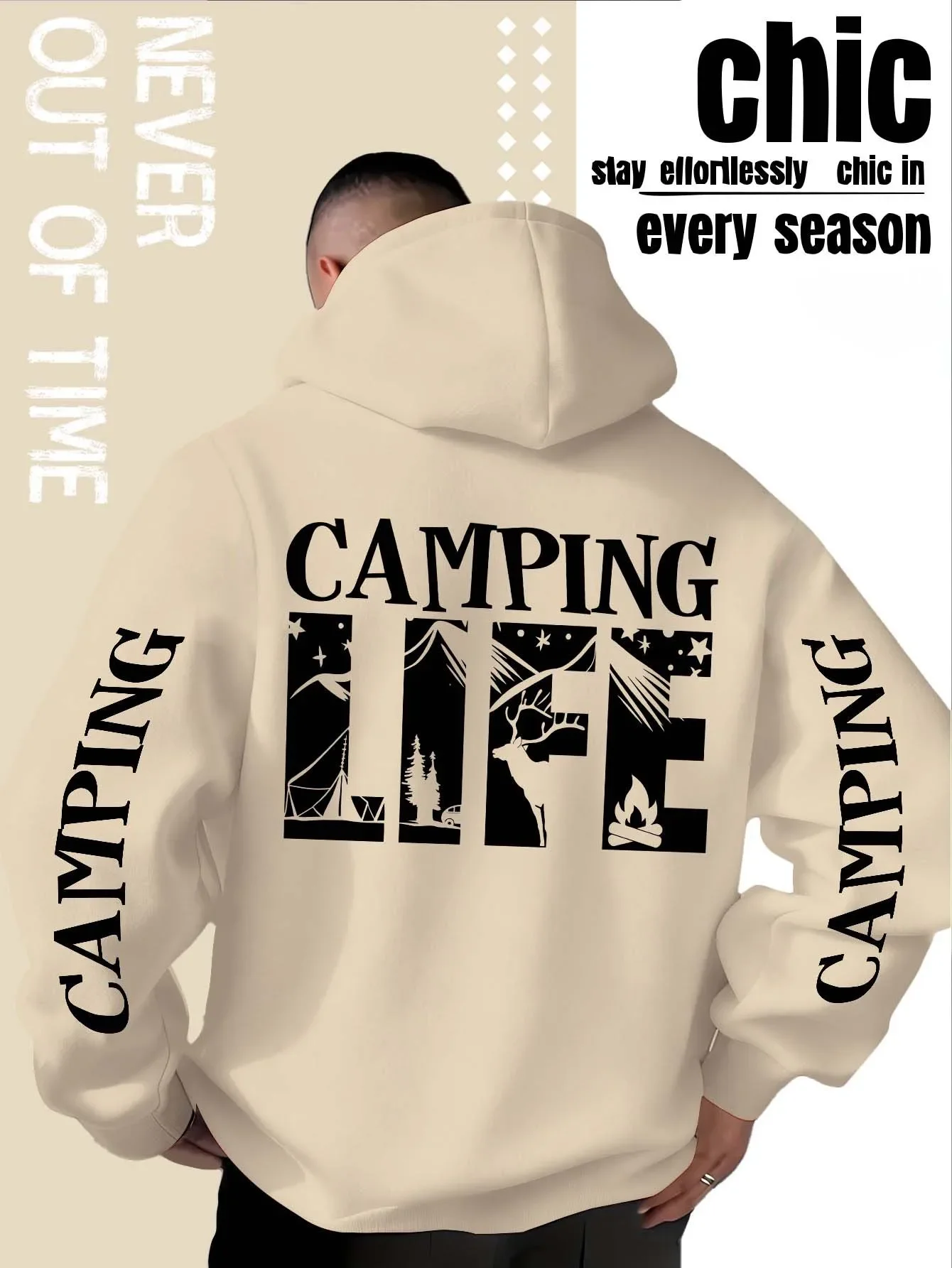 Camping Life Letter Printed Hoodies Men Outdoor Forest Deer Graphic Sweatshirt Camper Hiking Casual Hooded Pullovers