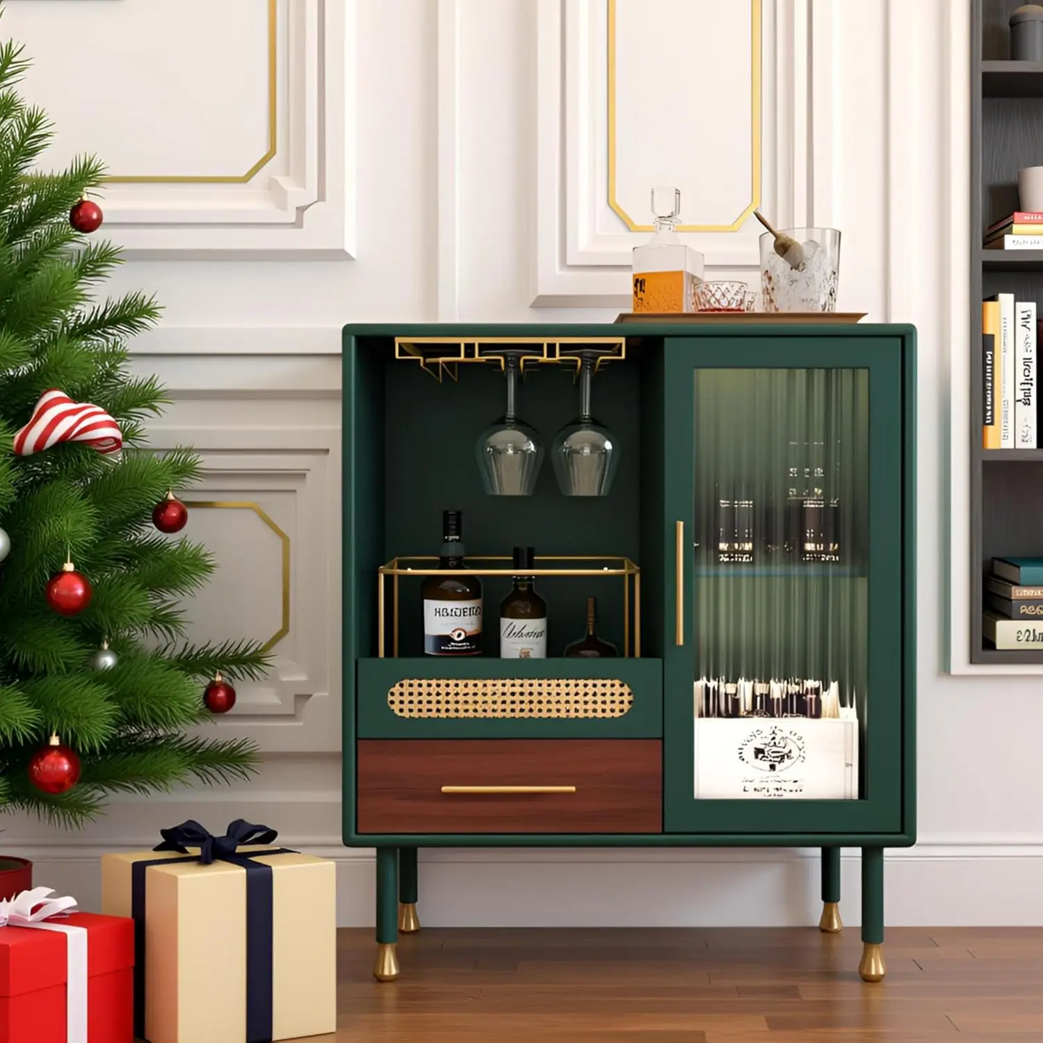 ตู้บาร์กาแฟสีเขียวทันสมัยพร้อมชั้นวางไวน์และลิ้นชักสำหรับห้องครัวหรือห้องนั่งเล่น