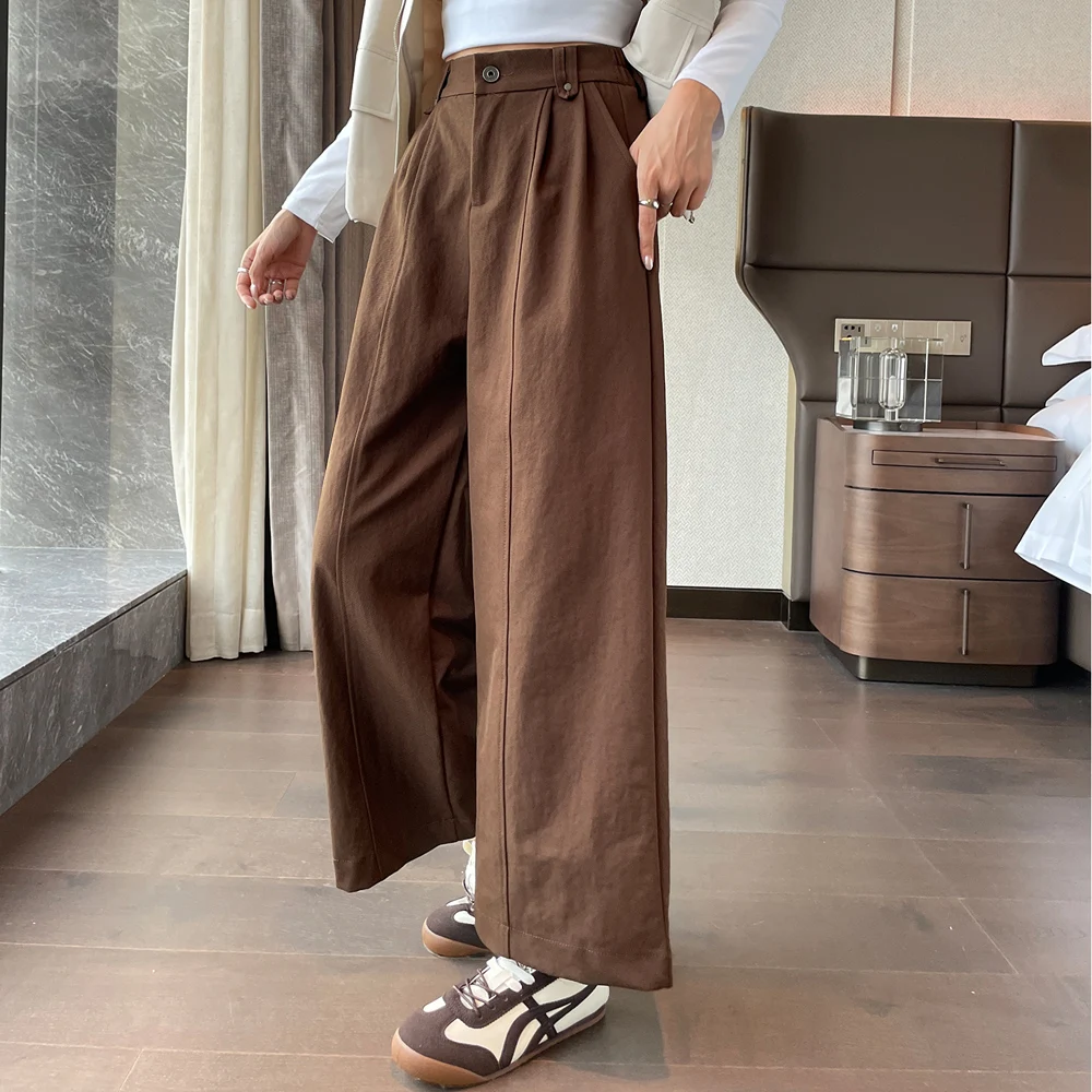 

Korean style khaki wide leg pants for women's autumn and winter new high waist plus size elastic waist casual straight leg pants