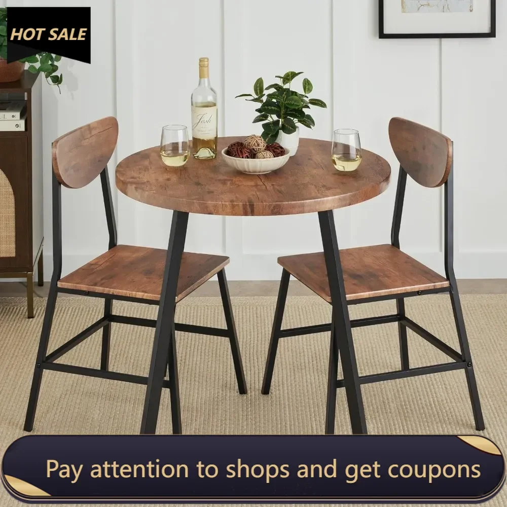 3-Piece Mid-Century Modern Round Dining Set, Space Saving Dinette for Kitchen, Dining Room, Small Space w/Metal Legs - Brown