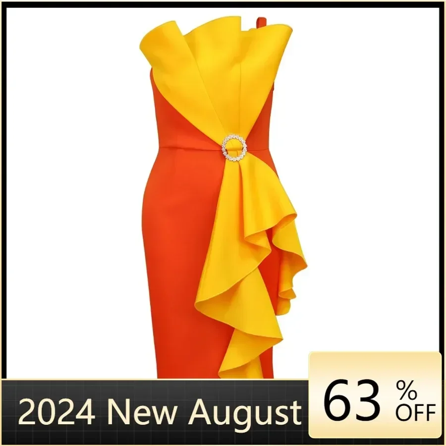 

Sexy Party Haute Couture Off Shoulder Patchwork Camisole Sleeveless Orange Yellow Irregular Elegant Wedding Guest Dress