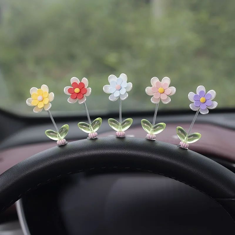 Car Swinging Flower Ornaments Car Dashboard Center Console Cartoon Six Leaf Chrysanthemum Pendant Car Interior DIY Decoration