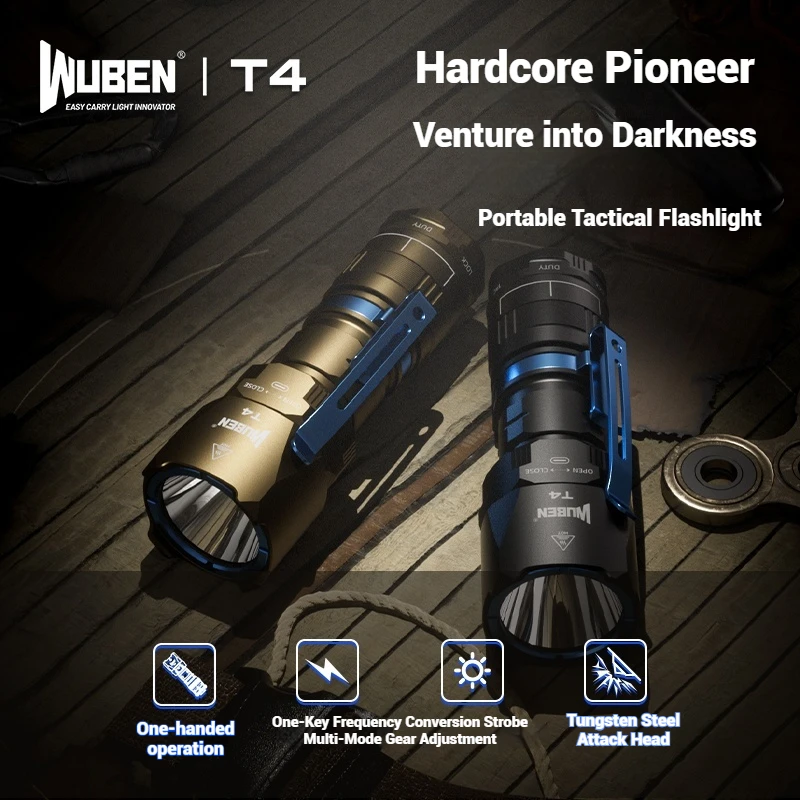 Wuben T4 مصباح يدوي تكتيكي محمول عالي السطوع خارجي EDC للدفاع عن النفس صغير قابل لإعادة الشحن طويل المدى ضوء دورية