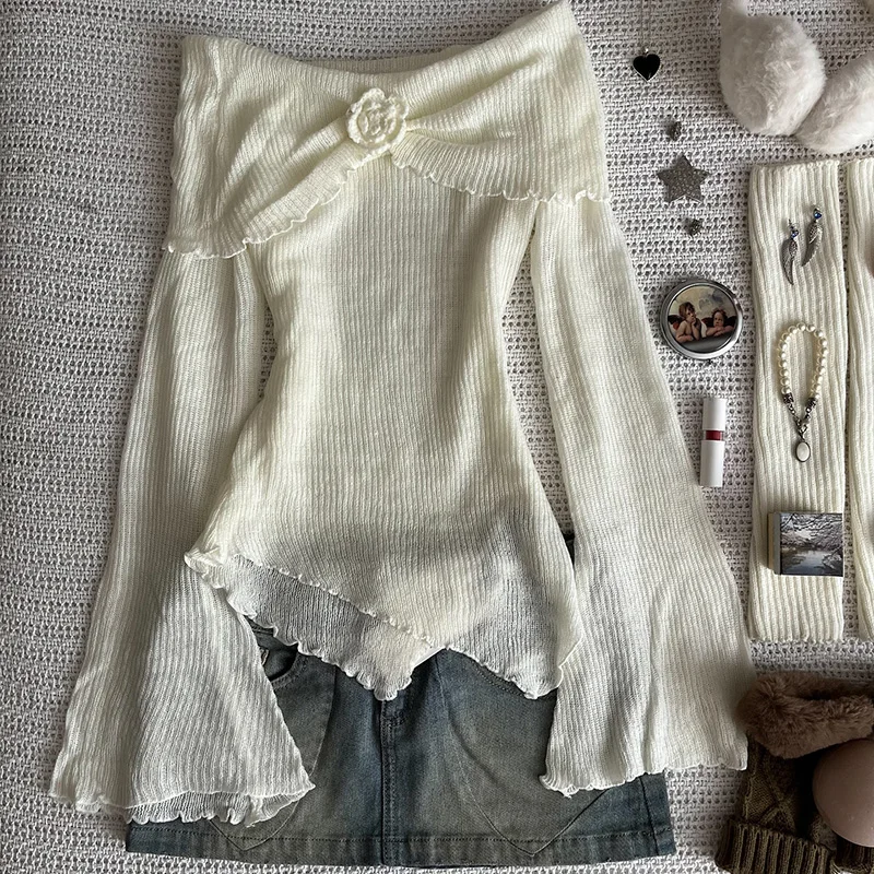 French Style One Shoulder Long Sleeved Irregular Fungus Edge Base Knitted Sweater Versatile and Unique Slim Fit Y2K Top