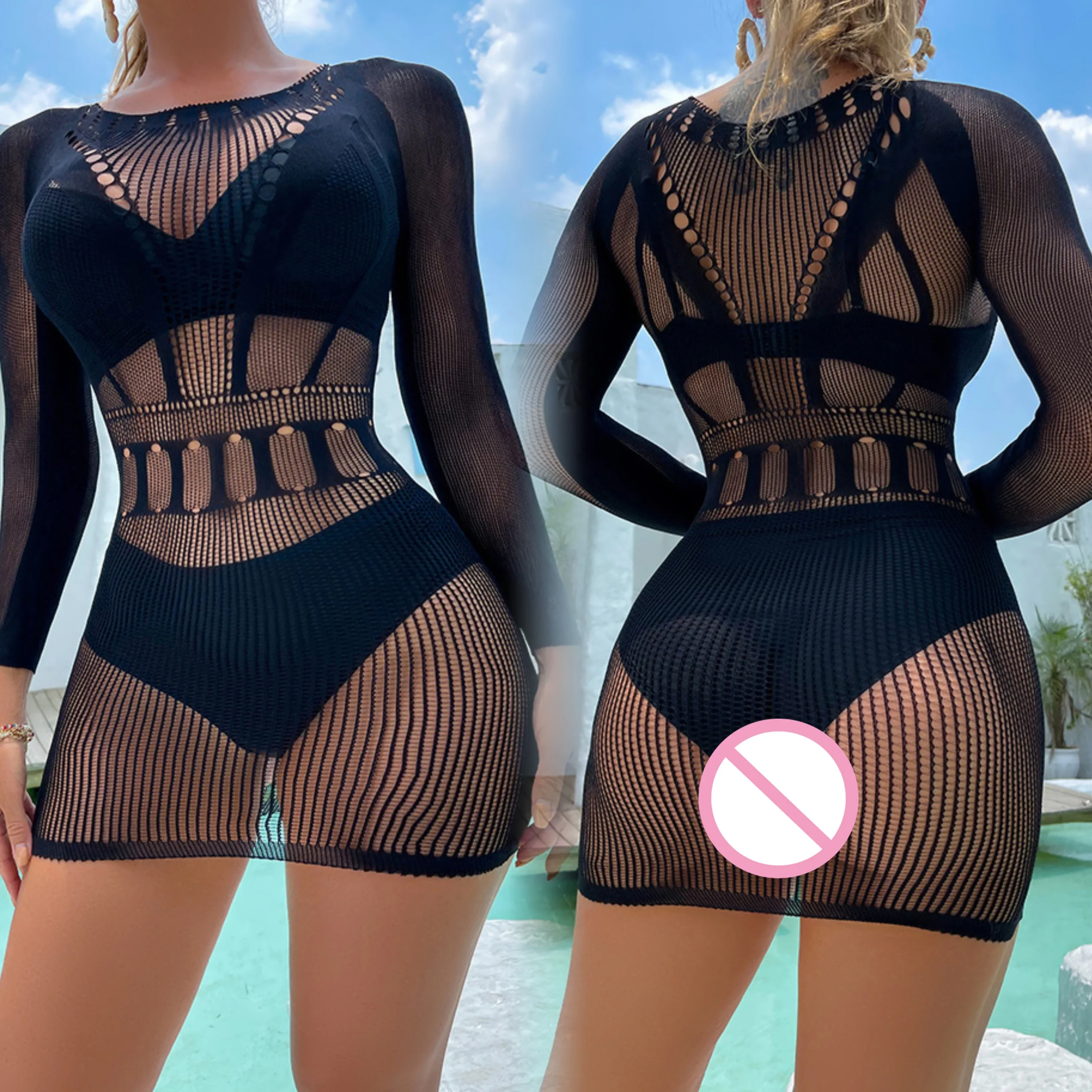 Sexy Long Sleeve See Through Top Mesh Sheer Tunic Beach Cover Up Cover-ups Beach Dress Beach Wear Beachwear Female Women