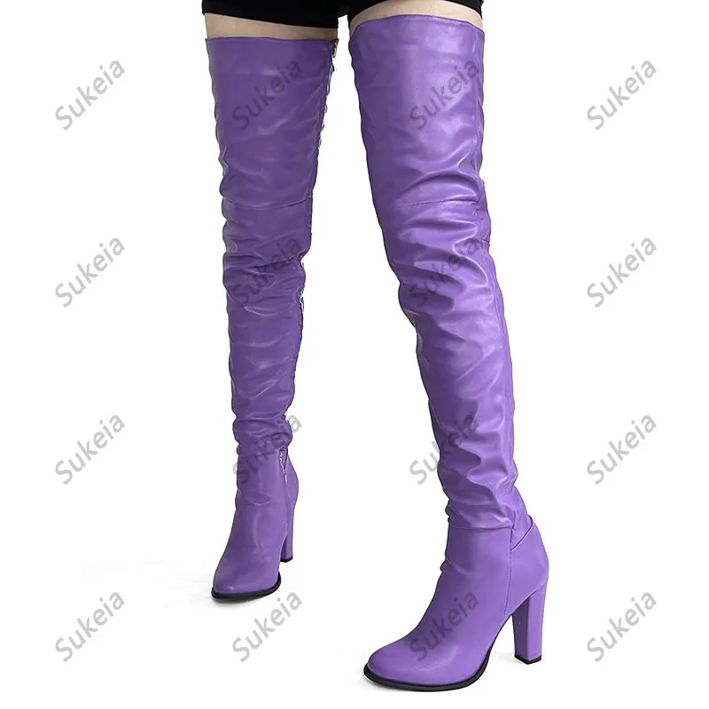 Sukeia New Arrival Women Winter Thigh Boots Unisex Chunky Heels Round Toe Pretty Blue Cosplay Shoes Ladies US Plus Size 5-20